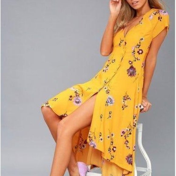 Free People Dresses & Skirts - Free People yellow Floral Wrap Midi Dress Sz L